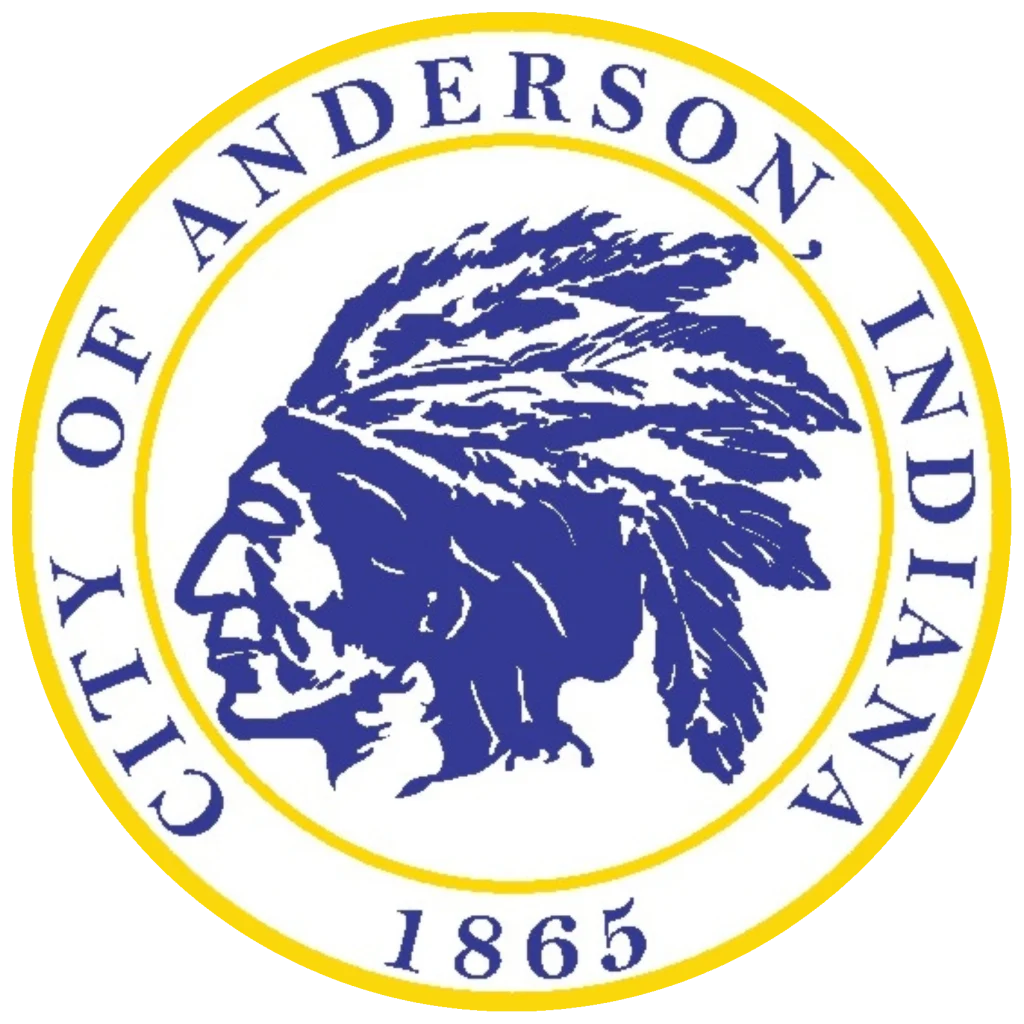 The seal of the City of Anderson, founded 1865, with an Amerindian facing left in the middle
