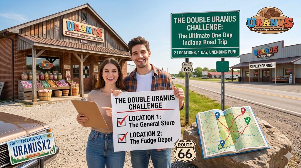 a couple, a man and a woman, stand in front of a sign that says "The double uranus challenge" next to a Uranus Fudge Factory.