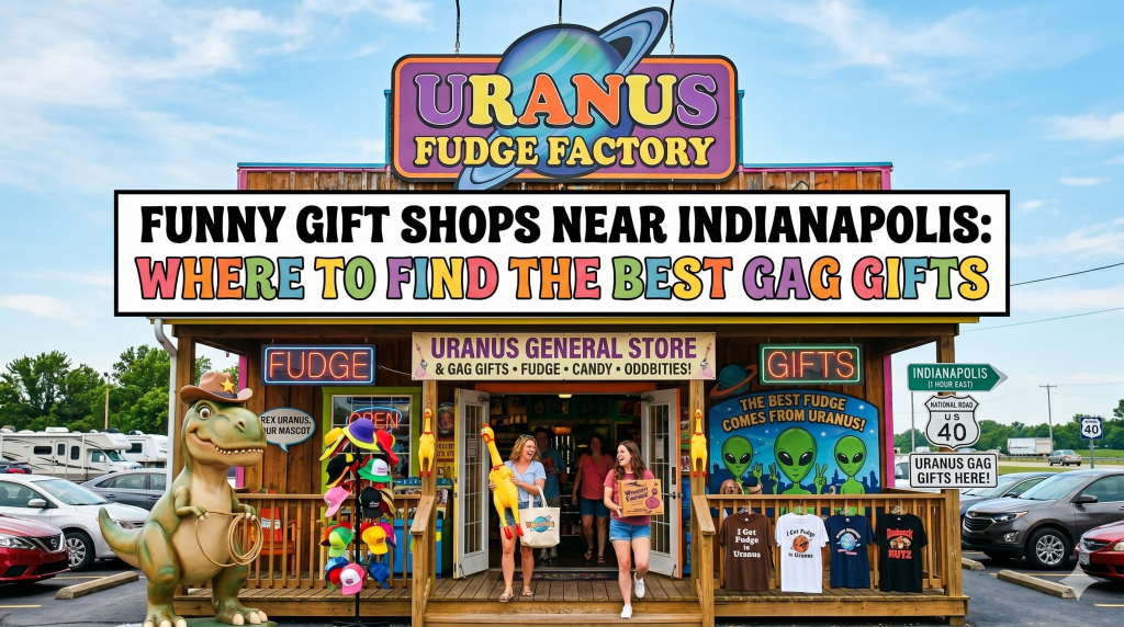 A store front for Uranus showing shirts and gifts for sale. The sign says "Funny gift shops near Indianapolis: Where to find the best gag gifts"