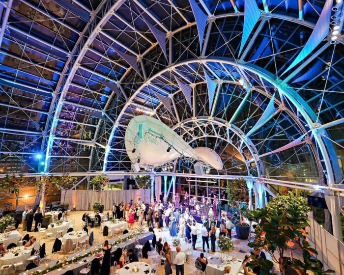 An Internal shot of The Arts Garden in Indianapolis, Indiana, showing the decorative construction.